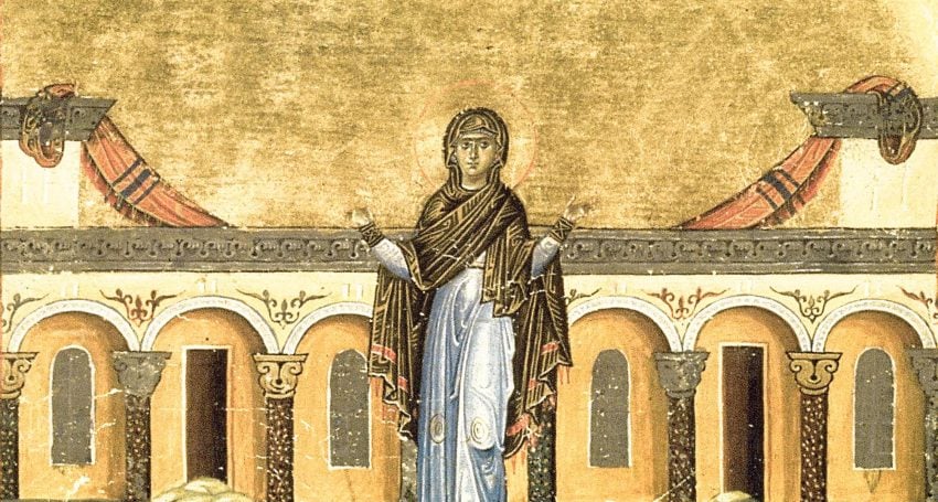 A classic piece of art depicting a woman standing in front of some columns and a wall