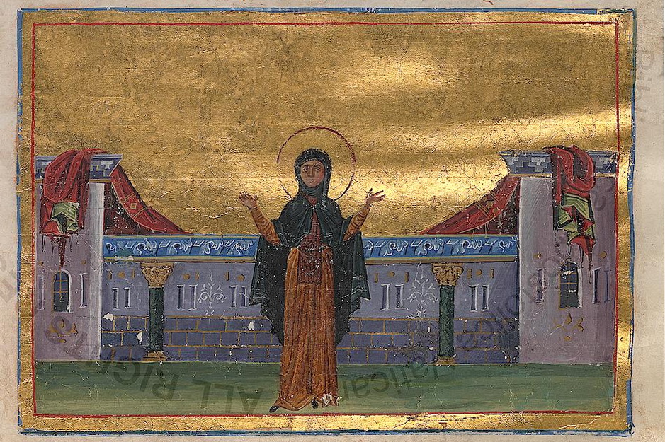 A painting depicting a woman standing in front of a building