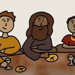A cartoon featuring three people sitting at a table with food and drink